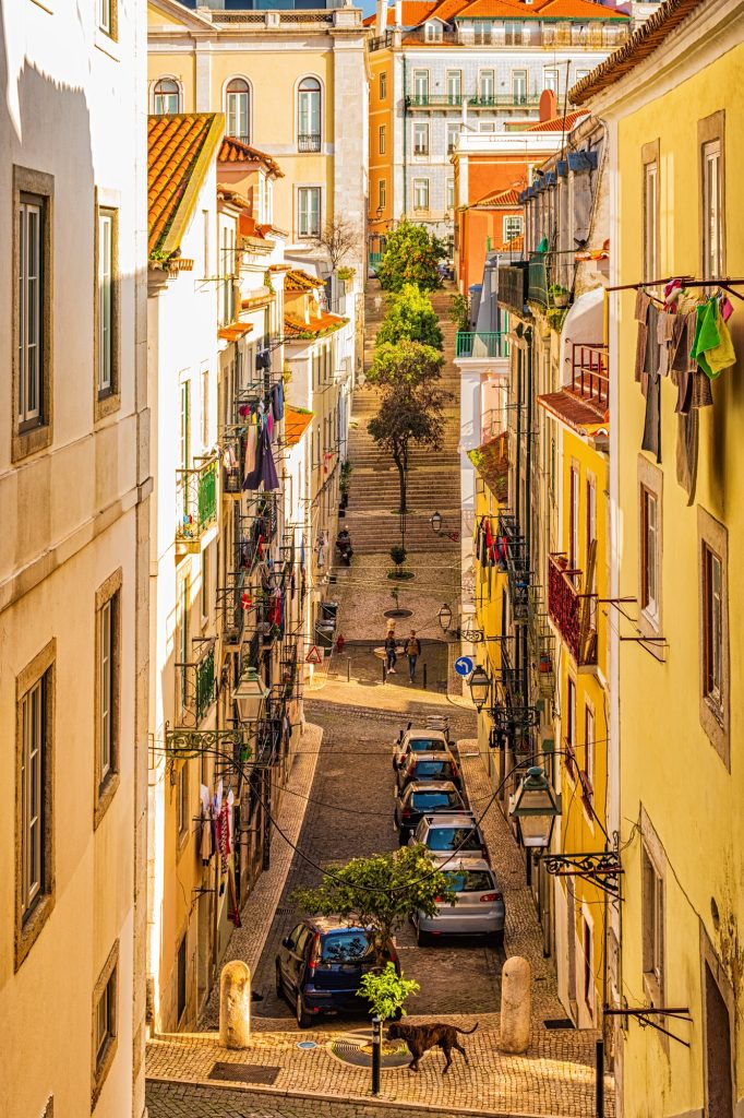 Narrow, authentic street of Lisbon, Portugal