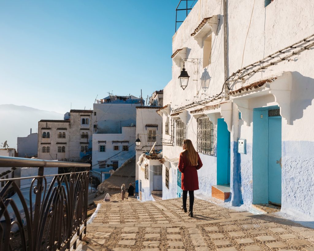 Woman exploring, Chefchaouen, Morocco, North Africa